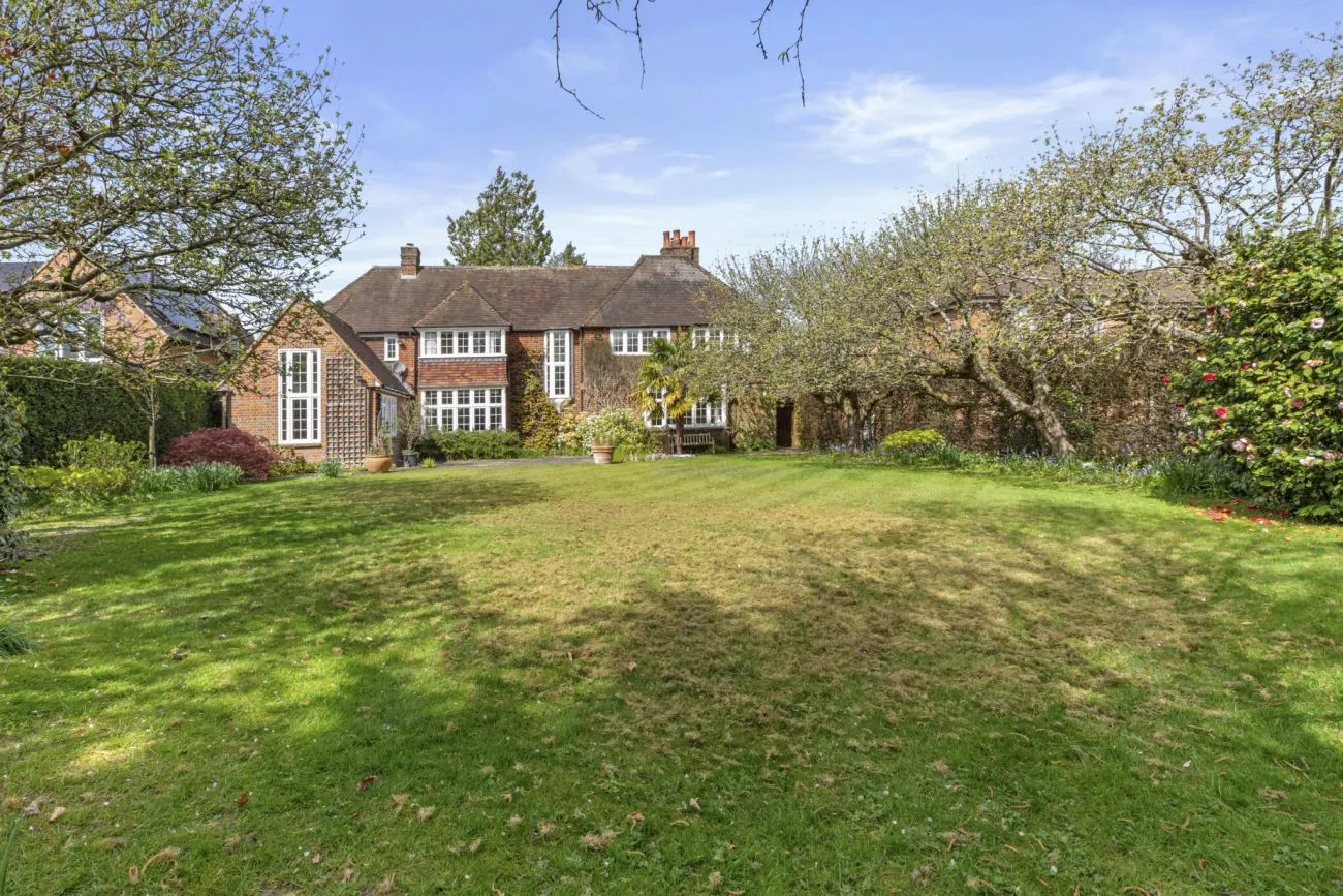 The rear lawn at Caledon Road, southerly aspect, framed by mature planting