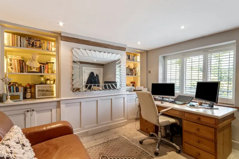 Study with brick fireplace