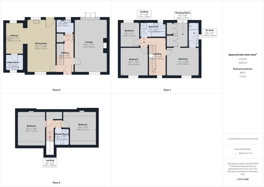 The composite floor plan of the home: ground, first and second floors, plus the detached double garage