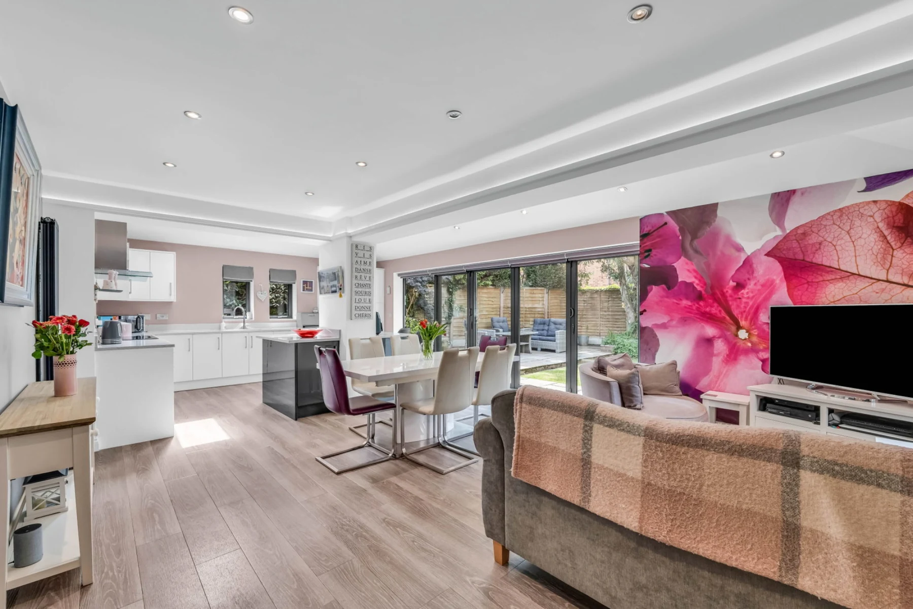The open-plan kitchen, dining and living space