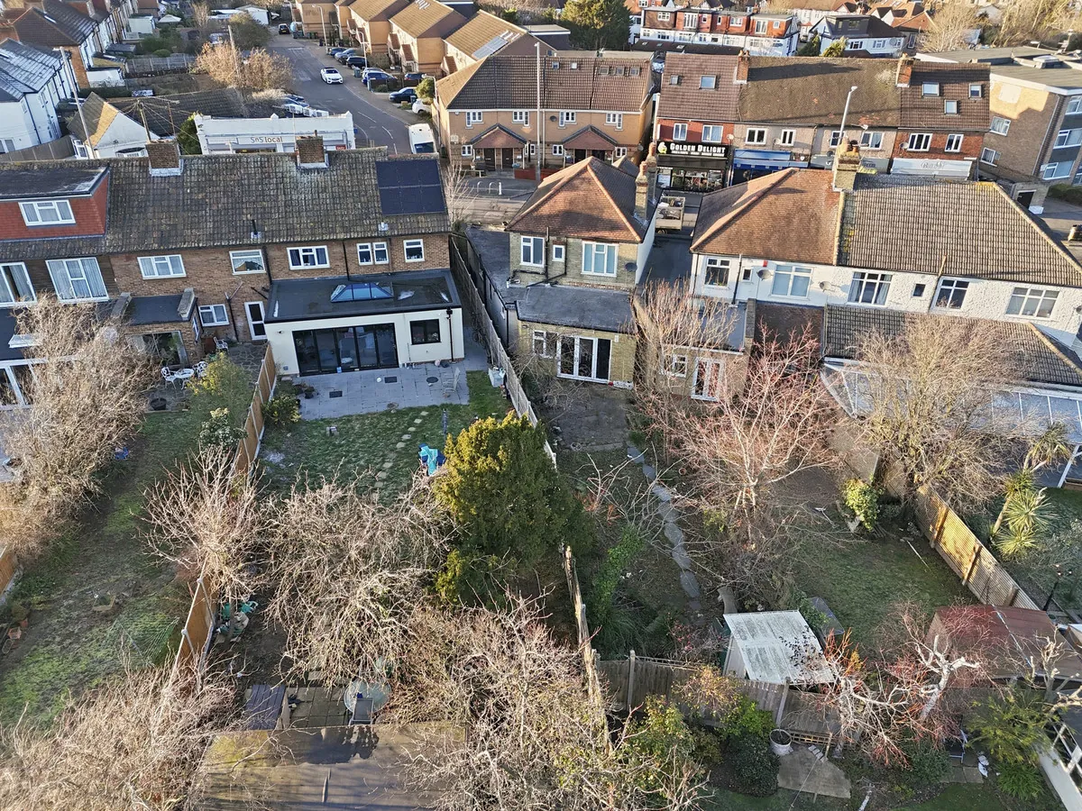 Aerial wide view across the neighbourhood toward Woodford Green