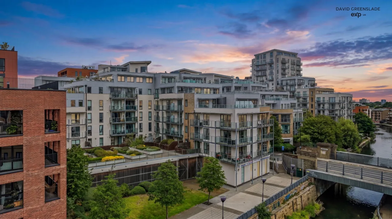 Hudson House and Caspian Wharf at twilight