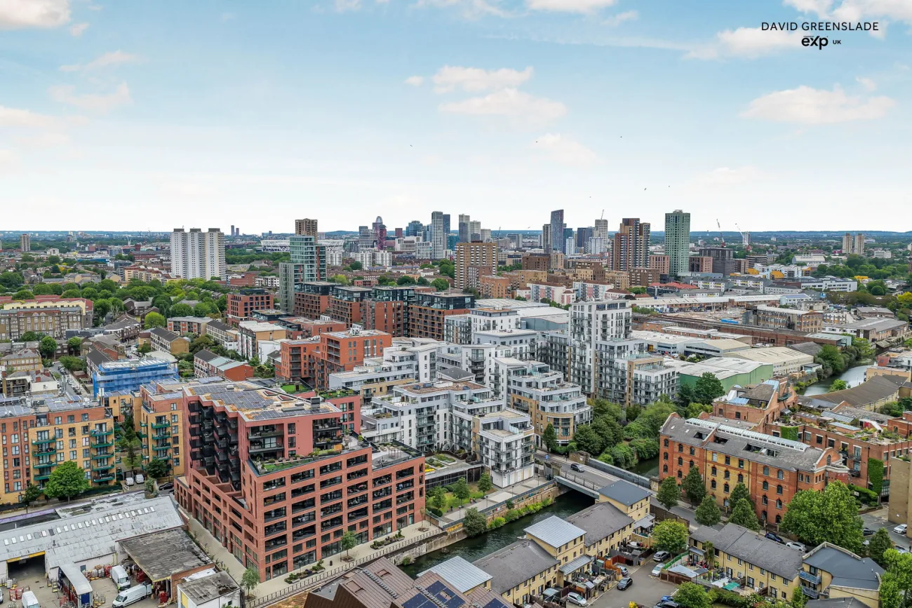 Aerial view over Caspian Wharf and East London