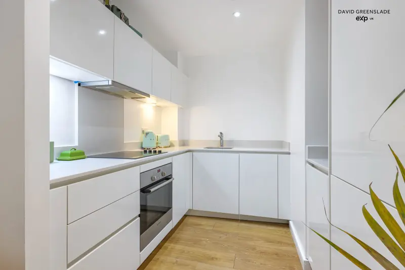 The kitchen area within the open-plan room