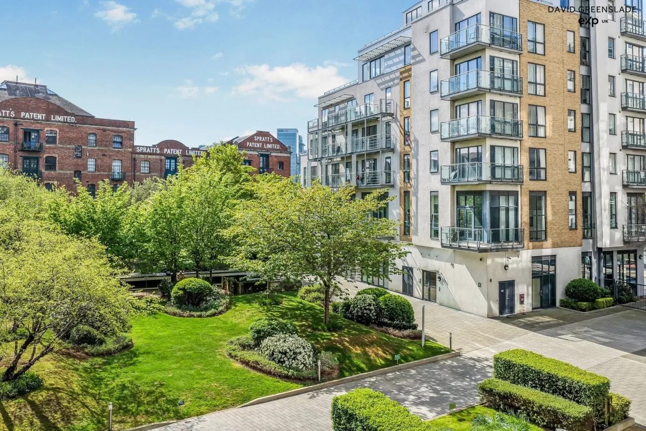 Caspian Wharf and its communal gardens by the Limehouse Cut