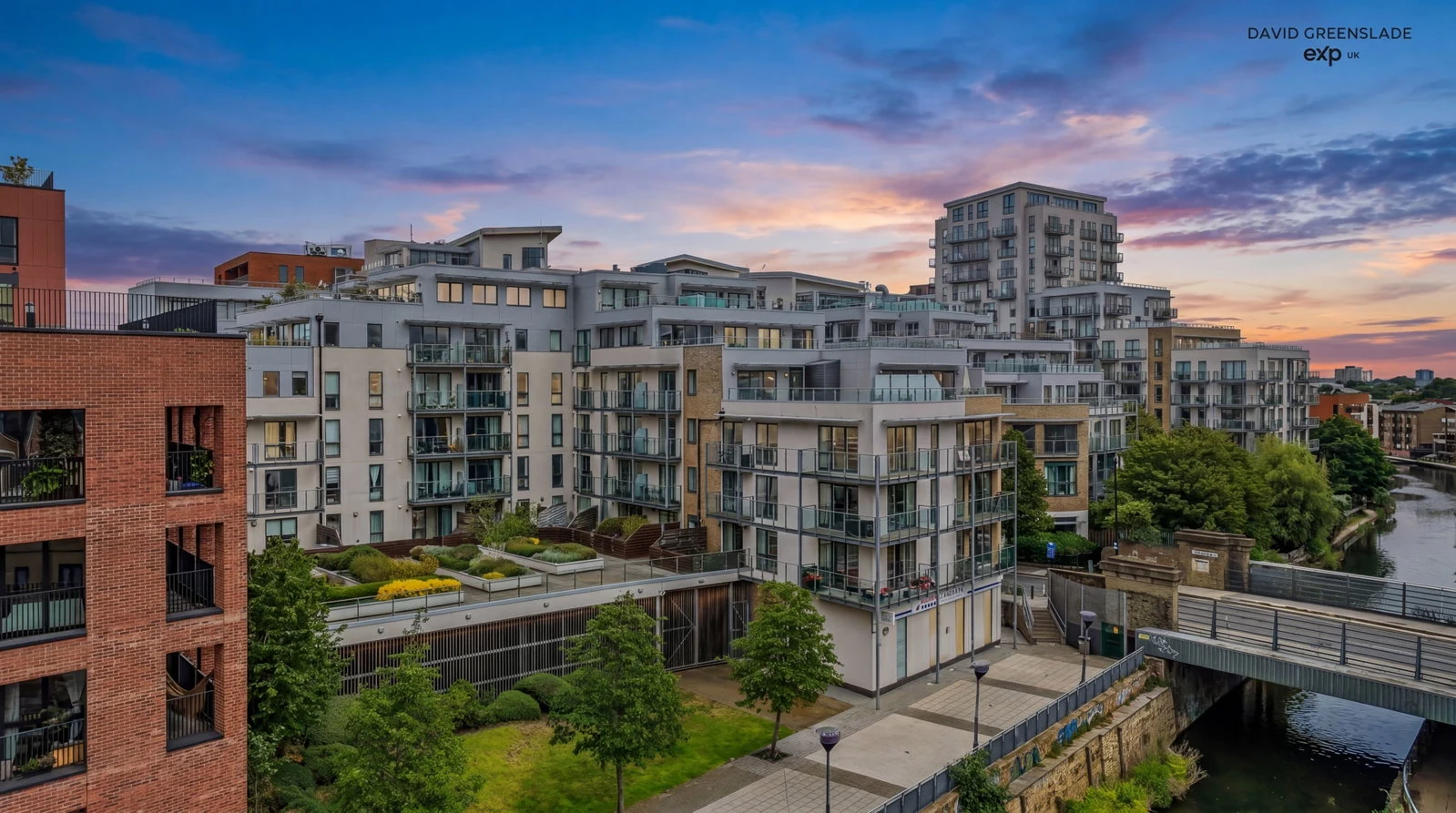 Hudson House and Caspian Wharf at twilight