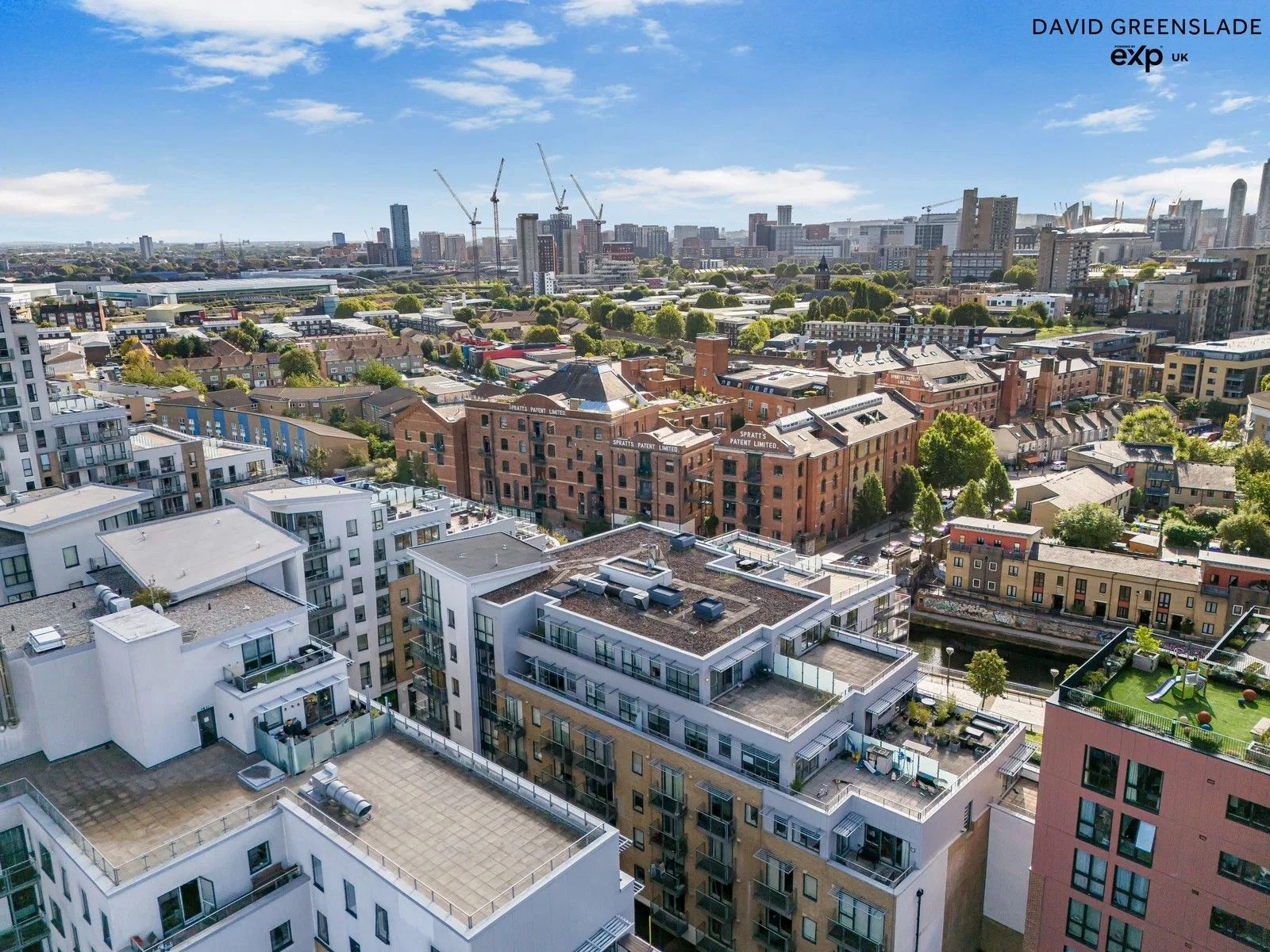The communal roof terrace with views across East London
