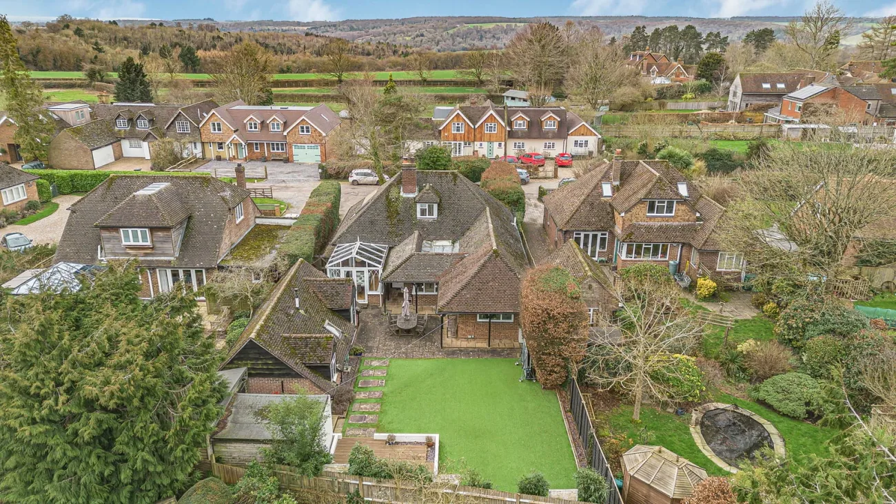 An aerial view of Fernie Cottage and the surrounding Chiltern countryside