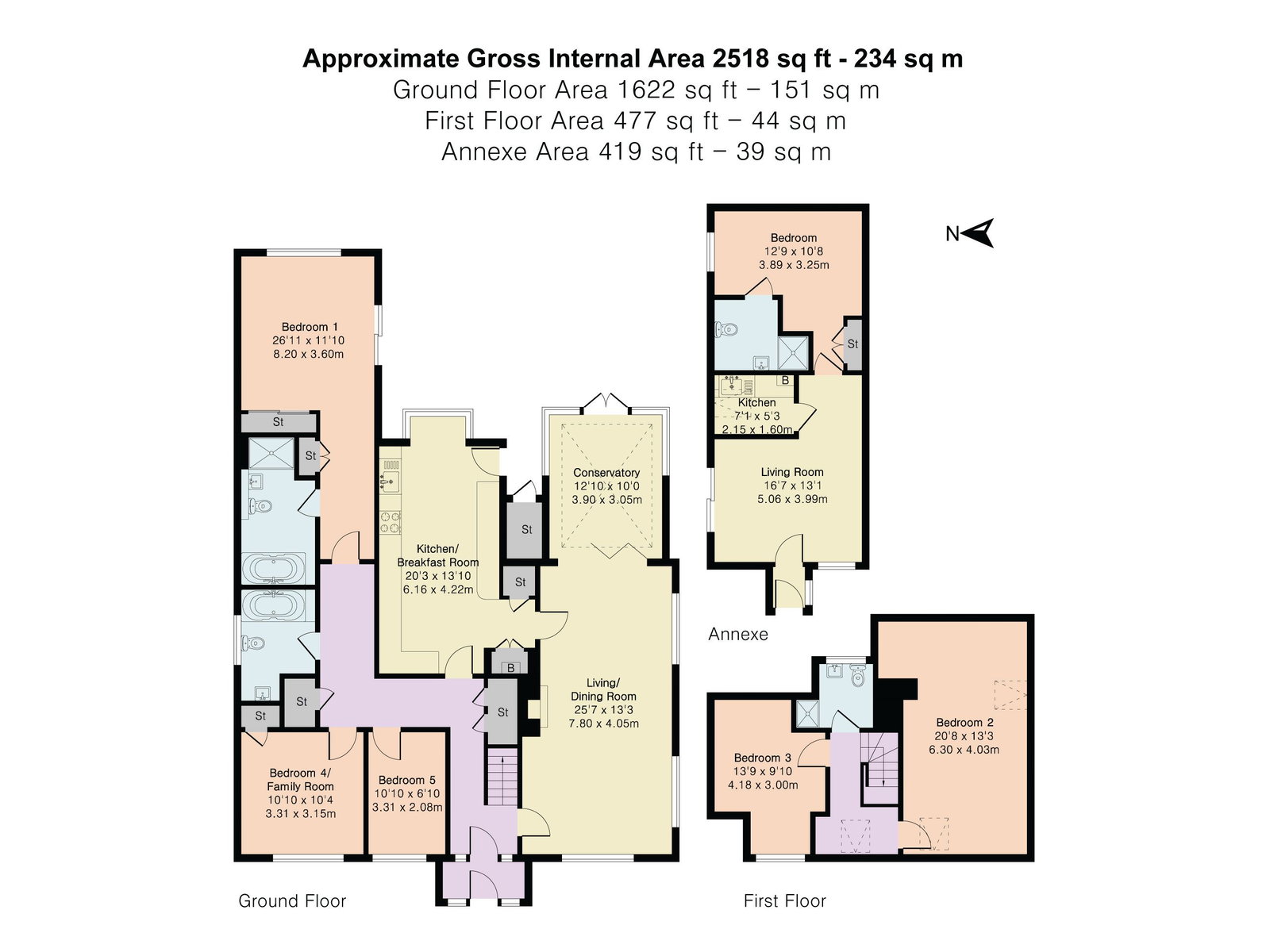 The composite floor plan: ground floor, first floor, and detached annexe