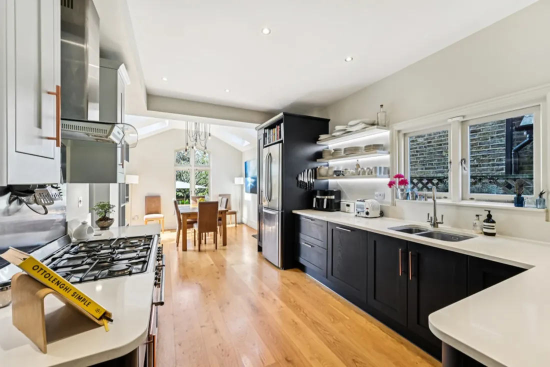 The kitchen and dining area at Ingleby Lodge, opening onto the rear garden