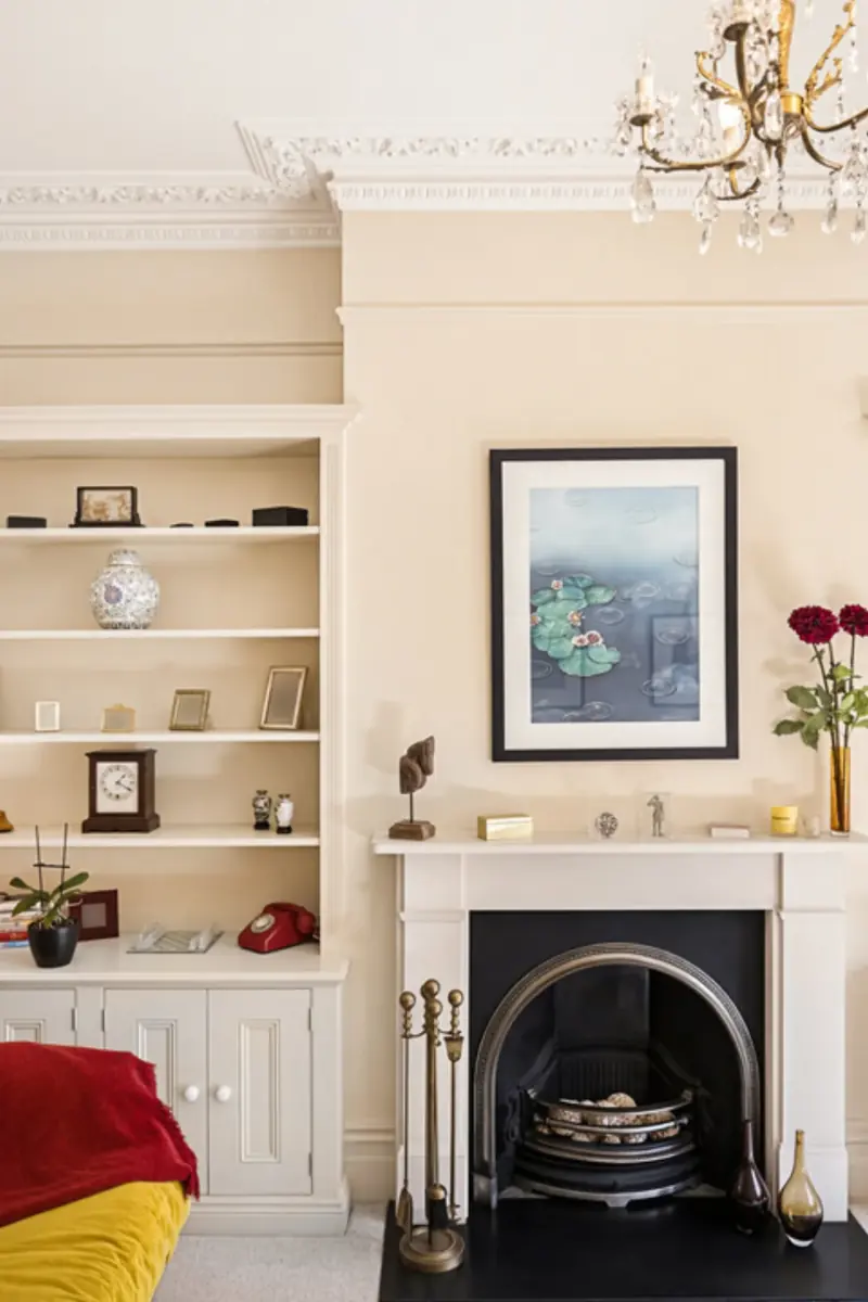 A drawing-room mantelpiece with framed art