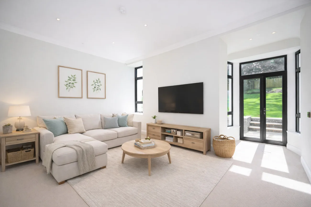 A reception room dressed for living