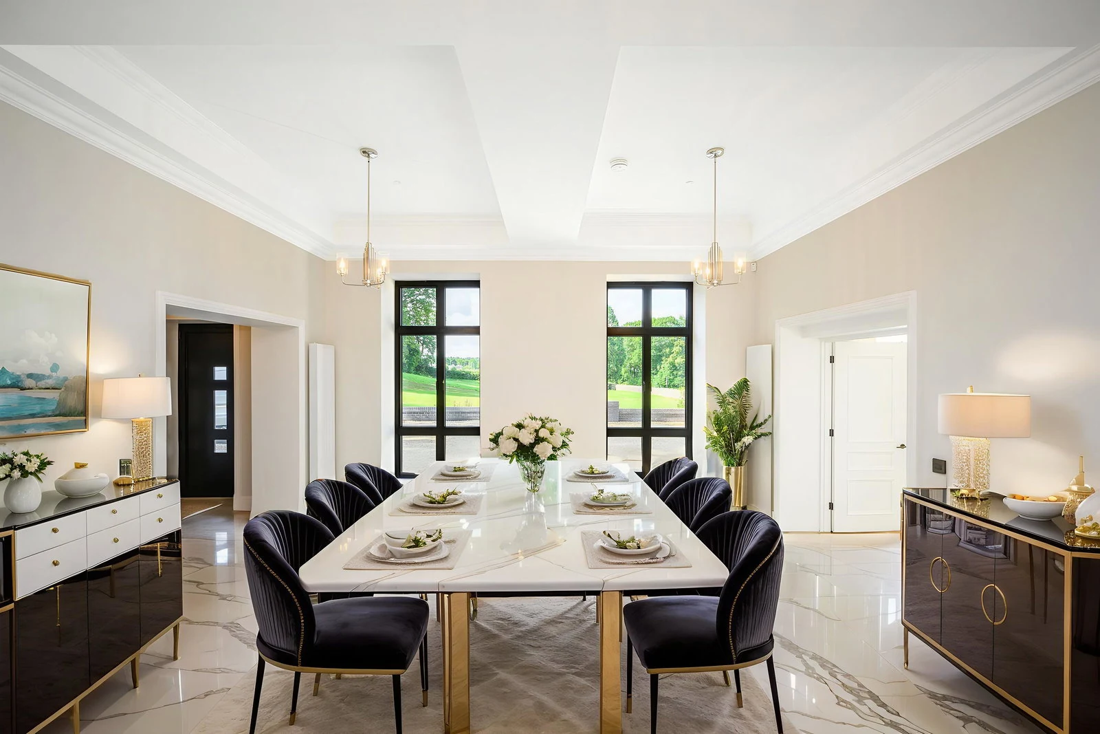 The dining hall at Lucia Court, dressed for entertaining