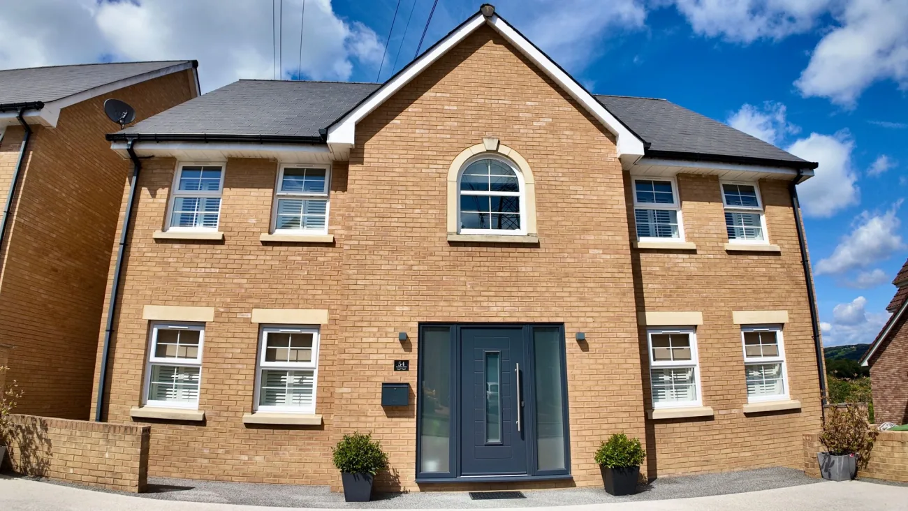 Front elevation under blue sky