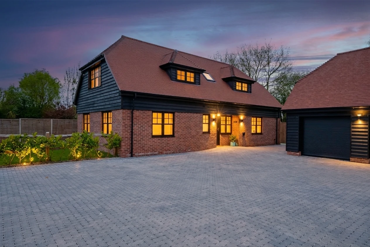 Warblers Lodge — front elevation at twilight, lit windows above the block-paved drive