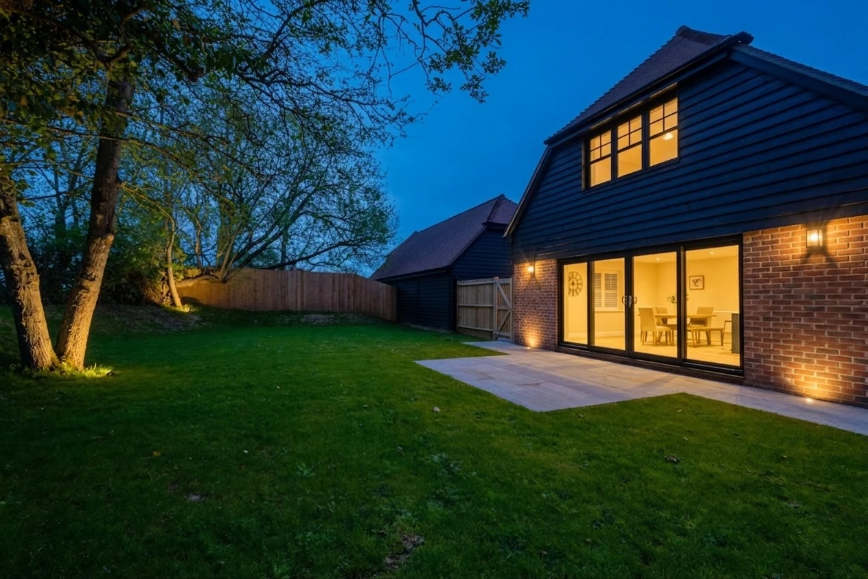 The rear of the home at twilight, lit windows above the lawn