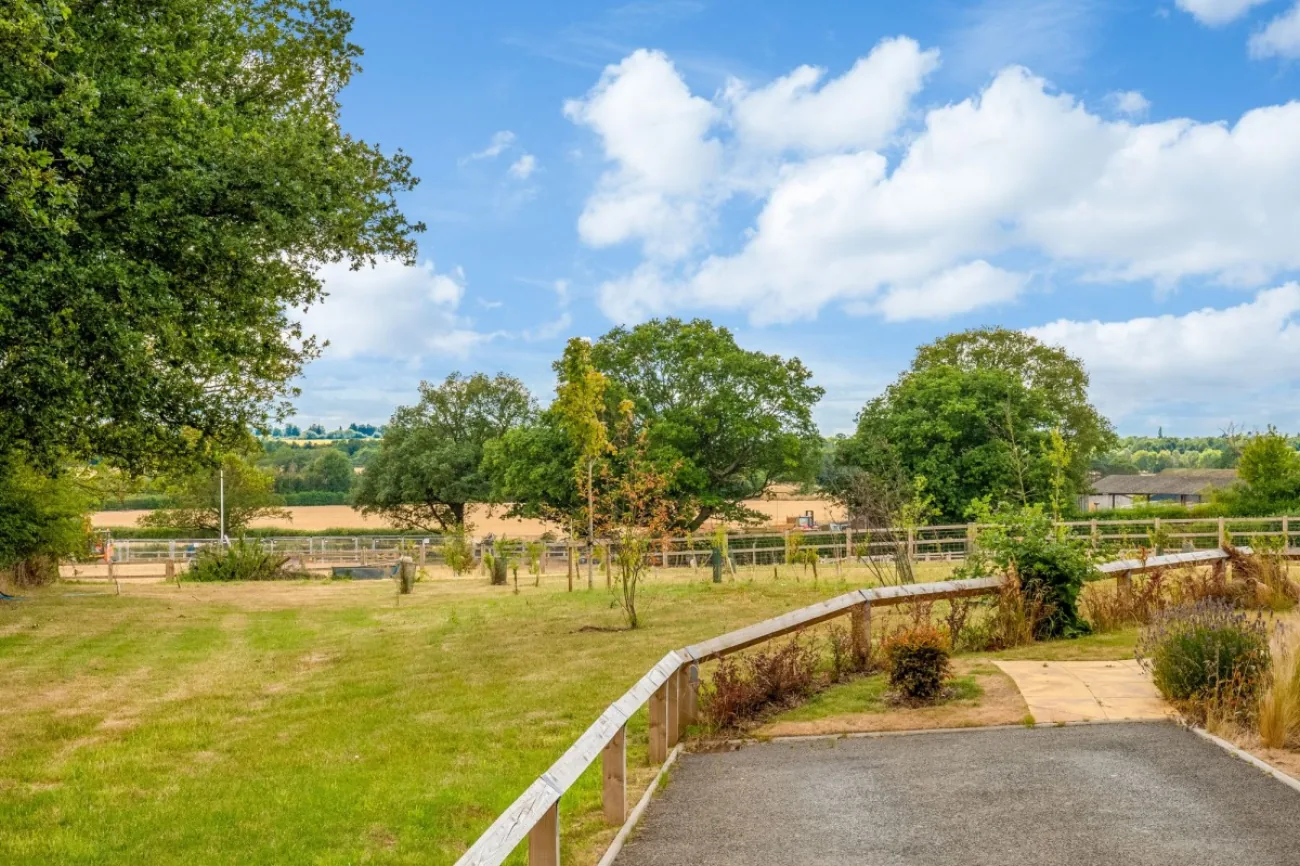Rear garden — patio, lawn, mature boundaries.