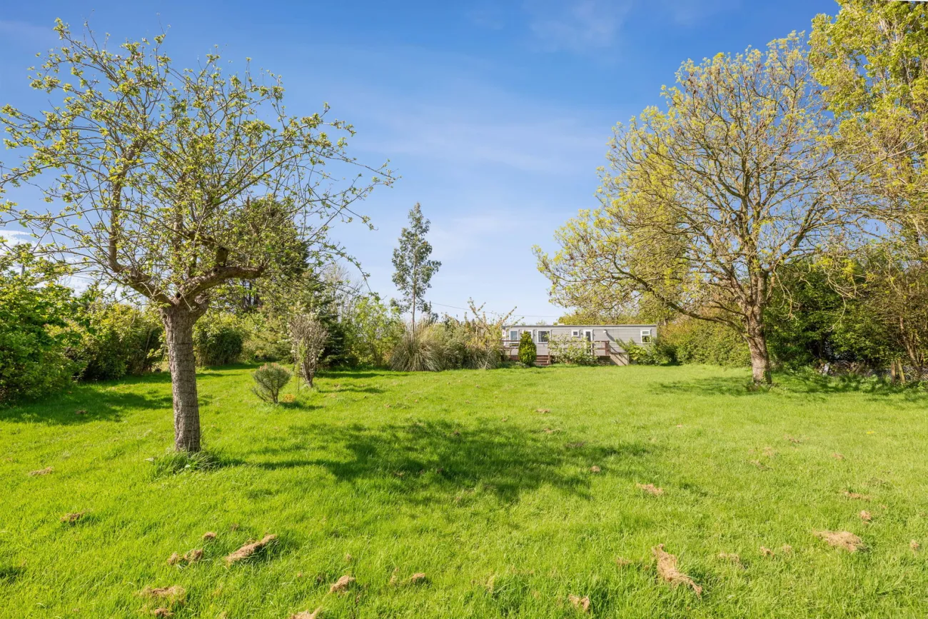 The lower garden in full leaf, fruit trees in flower, with The Retreat lodge set quietly behind.
