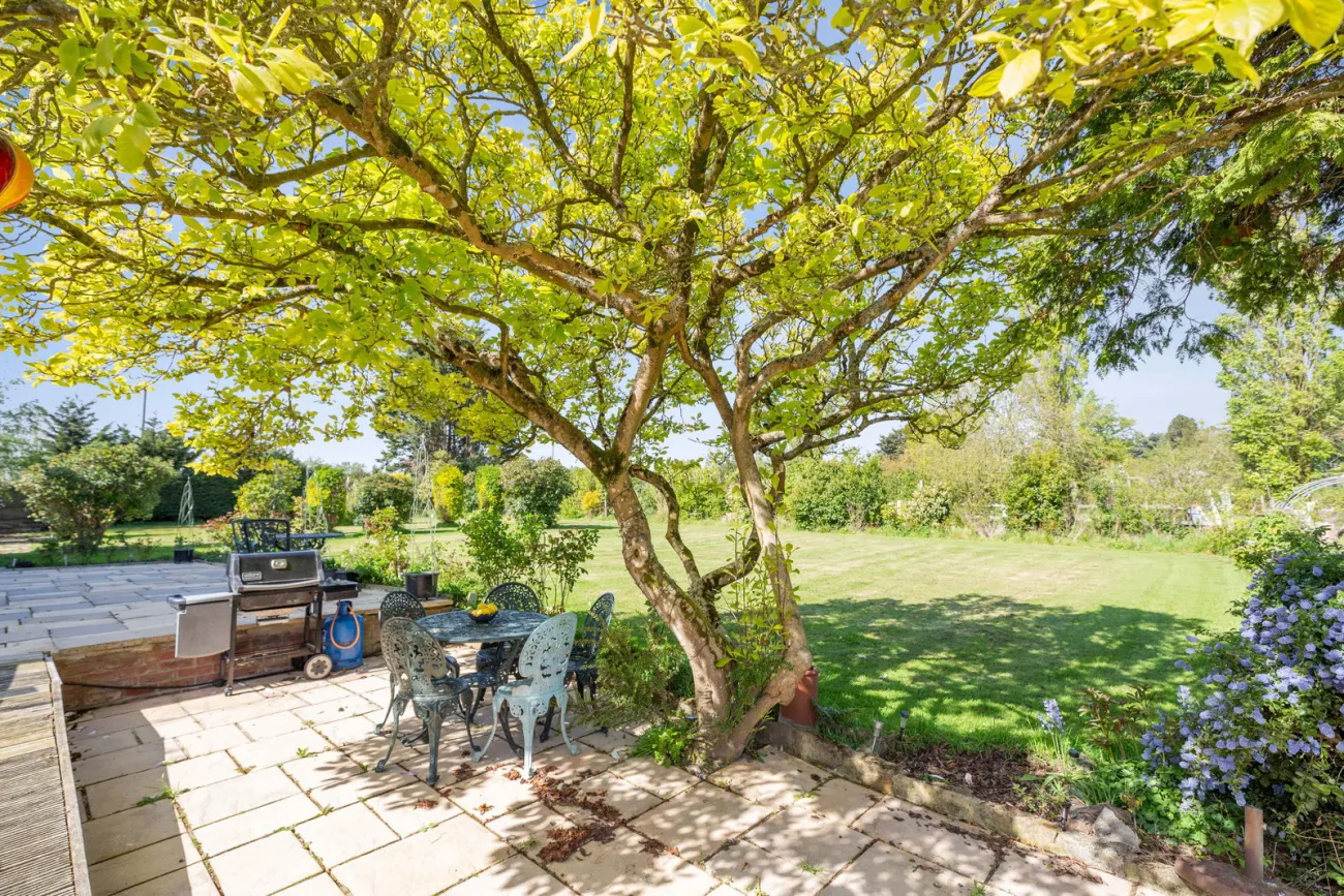 The covered patio under a mature wisteria-shaded canopy with seating set into the stone paving.