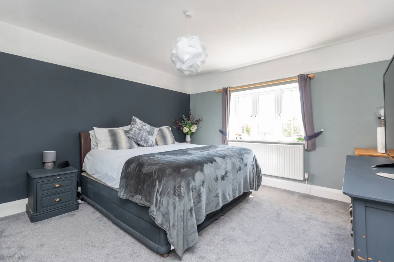 Principal bedroom with deep ink-blue feature wall and a king bed dressed in slate velvet.